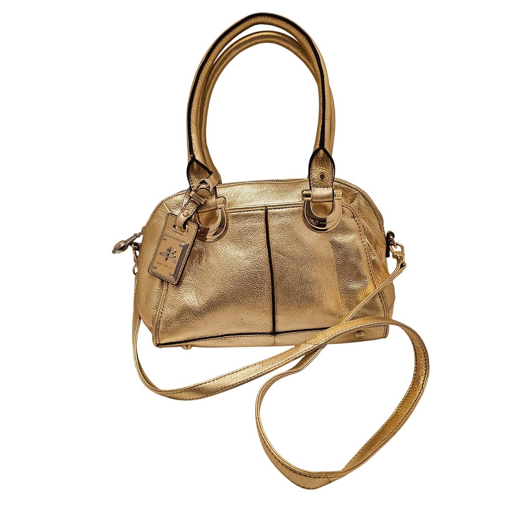 B. Makowsky Metallic Buttery Gold Leather Hardware Satchel Crossbody Strap Bag